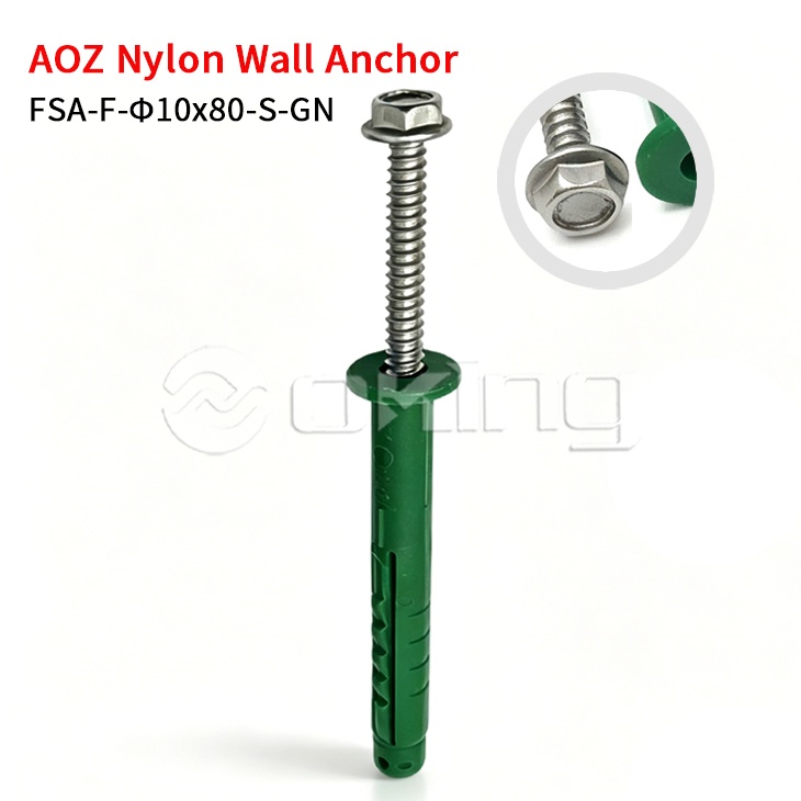 Vite flangiata M10x80 in acciaio inossidabile AOZ con ancoraggio a parete in nylon verde per installazione su facciate continue ed esterne